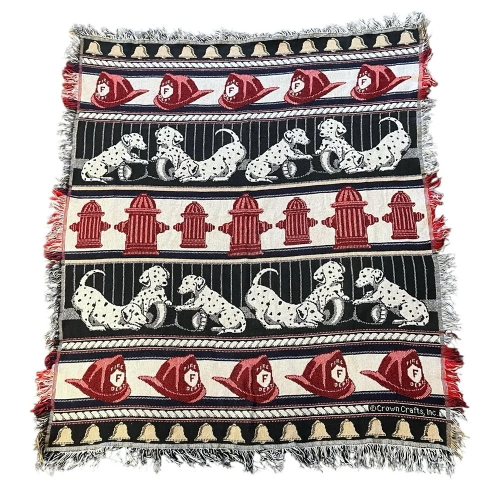 Vintage Crown Crafts Dalmatian Fireman Hydrant Tapestry Throw Blanket